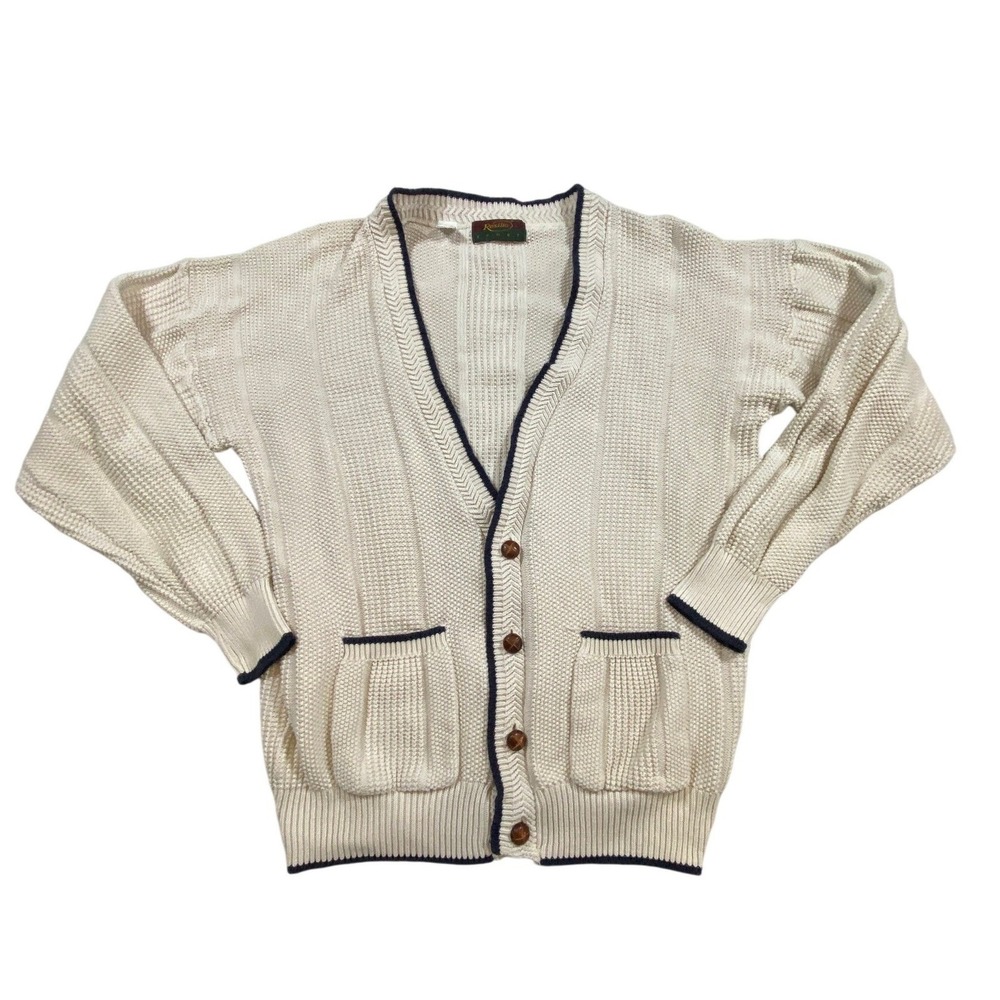 VTG Knit Cardigan Sweater Beige Button Grandpa‎ Core 100% Cotton  Size L